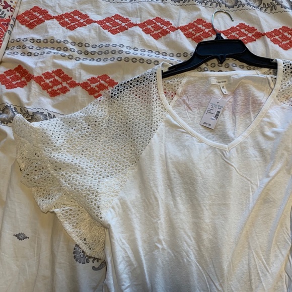 Plus Size White Blouse w/ Tie and Lace Sleeve - Picture 3 of 7